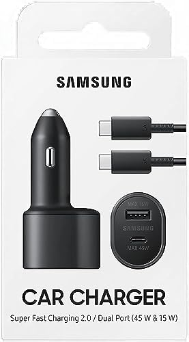 Samsung Super Fast Dual Port Car Charger – 45 W USB-C & 15 W USB-A Fast Charging Adapter for Smartphones & Tablets – Sleek Black Design for Ultimate On-the-Go Power – EP-L5300 XBEGWW – Ideal for Busy Professionals and Tech Enthusiasts