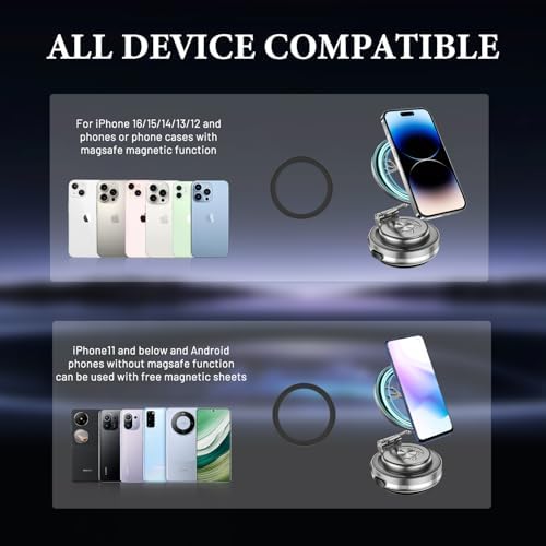 Mag Safe-Compatible 360° Rotating Car Phone Holder – Magnetic Vacuum Mount for i Phone 12-16 – Secure, Adjustable & Stylish Grey Accessory for Safe Driving and Hands-Free Navigation
