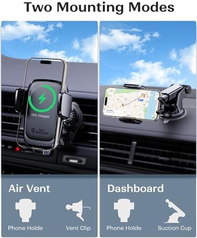 KPON Qi-Certified Wireless Car Charger Mount – Auto-Clamping 15 W Fast Charging Holder for Dashboard, Air Vent & Windshield – Universal Compatibility for Samsung Galaxy, i Phone 16/15/14/13/12, Google & LG Devices – Ultimate Hands-Free Convenience on the Road