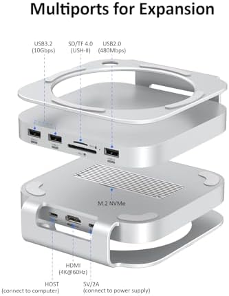 Elevate Your Mac mini Setup with the Akyyajaure 9-in-1 Aluminum Docking Hub – High-Speed M.2 NVMe SSD Enclosure, Lightning-Fast 10 Gbps USB-A2 Ports, Effortless SD/TF Card Readers, and USB 2.0 Connectivity for Unmatched Productivity and Style
