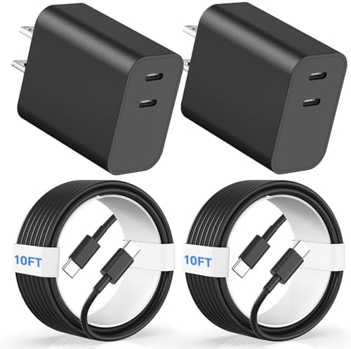 20 W Dual USB-C Fast Charger Block for i Phone 15/16 Series – Includes Two 10 FT USB-C Charging Cables, Perfect for Pro Max, Plus, Pro, i Pad Pro/Air – Compact, High-Speed Charging Solution (2 Pack, Black)