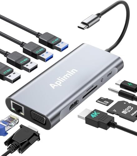 Transform Your Tech Setup with the Premium 11-in-1 USB C Hub Adapter: 4 K HDMI & VGA Outputs, PD 100 W Fast Charging, Dual USB 3.0/2.0 Ports, Ethernet for Reliable Internet, SD/TF Card Reader & Headphone Jack – Perfect for i Phone 16/15, Mac Book Pro/Air & Type C Laptops for Unmatched Efficiency & Connectivity