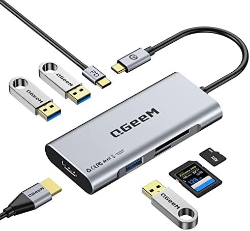 Elevate Your Connectivity Game with the QGee M 7-in-1 USB C Hub – Ultimate 4 K HDMI Adapter for Mac Book, i Phone 15/16, i Pad Pro Max & Chromebook – 100 W Power Delivery, High-Speed USB 3.0 Ports & Integrated Card Reader in Sleek Grey for Superior Performance and Unmatched Versatility