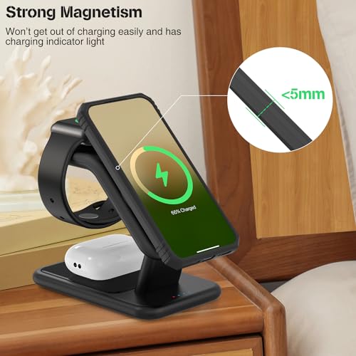 TUMABER 3-in-1 Wireless Charging Station for Apple Devices – Fast Charging Stand for i Phone 15/14/13/12/11, Apple Watch, and Air Pods – Clutter-Free Desk Solution with 25 W USB-C Charger Included – Sleek Office Accessory for Enhanced Device Management