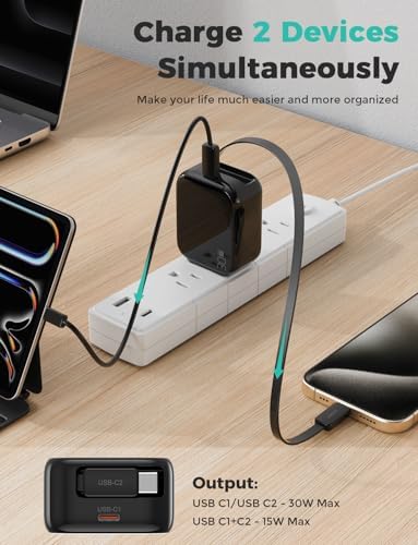 Compact Retractable 2-in-1 Wall Charger with USB-C and 27-inch Cable – 30 W Fast Charging Adapter for i Phone 16/15, i Pad, Galaxy & Pixel – Sleek Black, Perfect for Travel and Enhanced Device Compatibility
