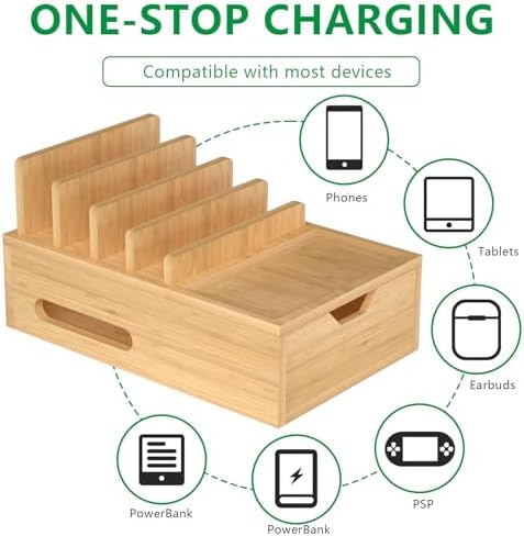 Eco-Friendly Bamboo Charging Station for Multiple Devices – Stylish Desk Organizer with Drawer & Tray, Includes 6 Cables for i Phone, Cell Phones, Tablets – Quick Charging Docking Station for a Tidy Workspace