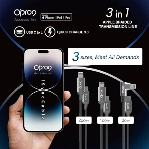 Opro9 USB C to Lightning Fast Charging Cable Trio (1/3/6 FT) – 30 W Power Delivery, Apple MFi Certified, Durable Nylon Braided Cord for i Phone 14, 13, 12, 11 Pro Max, XR, XS, 8 and More – Ultimate Flexibility and Speed for On-the-Go Charging