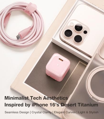 Ultra-Fast TORRAS Icenano 30 W USB-C Charger Block – PD 3.0 Compatible Wall Adapter with 5.5 ft Cable, Stylish Crystal Pink Design, Low-Temperature Operation for Safe Charging of i Phone 16/15 & Mag Safe – Perfect for Travel and Home Use