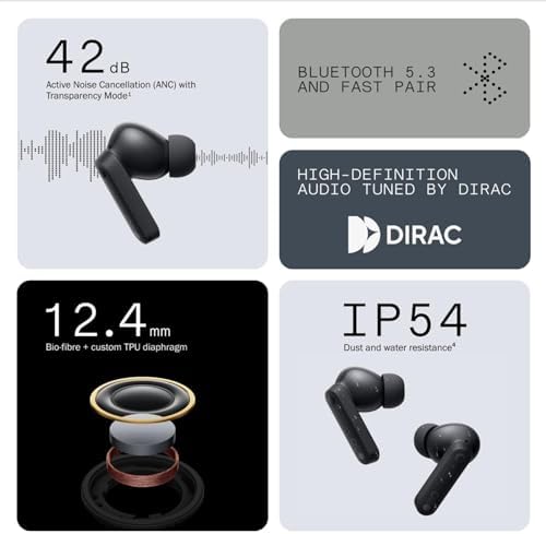 Elevate Your Audio Experience with CMF Buds Wireless Earbuds – Superior 42 d B Active Noise Cancellation, 35.5 Hours of Playtime, IP54 Waterproof Protection, Night Black Aesthetic, Seamless Device Integration for Ultimate Versatility and Comfort