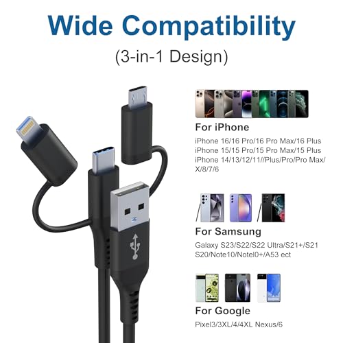 Versatile Coiled 3-in-1 Charging Cable: USB to Lightning, Type C, Micro USB – MFi Certified for Apple Carplay & Android Auto | Fast Charging & Data Sync for i Phone 16, 15, 14, 13 & Samsung Devices – Tangle-Free Travel Accessory