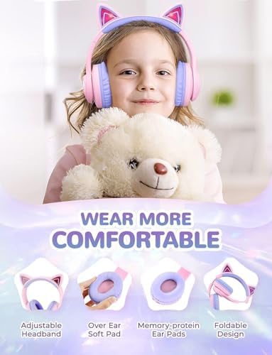 Magical Cat Ear Bluetooth Headphones for Kids – Mesmerizing Gradient Pink with LED Glow, 50-Hour Battery Life, Safe 74/85 d BA Volume Limiting, Superior Bluetooth 5.2 Connectivity & Rapid USB-C Charging for Ultimate Travel Convenience and Enjoyment