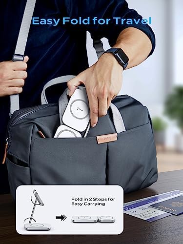 Elevate Your Charging Game with the Premium 2-in-1 Mag Safe Charger Stand – Swift 20 W Wireless Power Solution for i Phone 15/14/13/12 & Air Pods 3/Pro/2 – Robust Zinc Alloy Design with Foldable Portability for Effortless Device Alignment – Perfect for Organized, Tangle-Free Charging Spaces