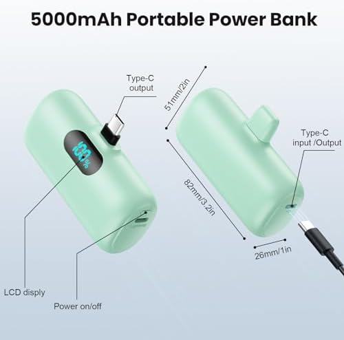 Ultra-Compact 5000 m Ah USB-C Power Bank – Fast Charging Mini Portable Charger with Built-in Connector & LCD Display – Perfect for i Phone 15, i Pad Pro, and Android Devices – Lightweight and Travel-Friendly Power Solution for On-the-Go Connectivity