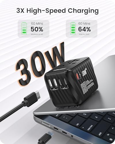 LENCENT 85 W Universal Travel Adapter with Retractable USB-C Cable – High-Speed International Plug Converter Featuring 3 Type-C & 1 USB-A Ports for Effortless Worldwide Charging – Your Ultimate Travel Essential for Maximum Compatibility, Fast Charging, and Ga N Technology Efficiency
