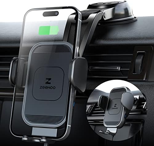 Zee Hoo 15 W Fast Wireless Car Charger with Auto-Clamping Phone Holder – Effortless One-Handed Operation for i Phone 15/14/13/12/11 Pro Max, Qi-Enabled Charging Mount in Sleek Black for Optimal Driving Convenience and Seamless Integration