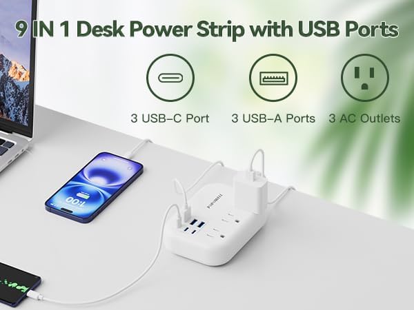 Compact 6-Port USB Power Strip with 3 AC Outlets and 6 USB Charging Ports for Ultimate Travel Convenience – 24 W/4.8 A Power Delivery, 3 FT Extension Cord, Slim Flat Plug Ideal for Cruise Ships, Offices, Dorms, and i Phone 15 Compatibility – Essential Multi-Port Charger for Efficient Device Charging