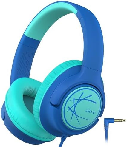 i Clever Kids Headphones: Safe 85 d B Volume Limit, Ergonomic Foldable Design, Superior Stereo Sound, 3.5 mm Jack Compatibility – Ideal for Travel, School & Home Use – Stylish Blue-Green for Boys & Girls