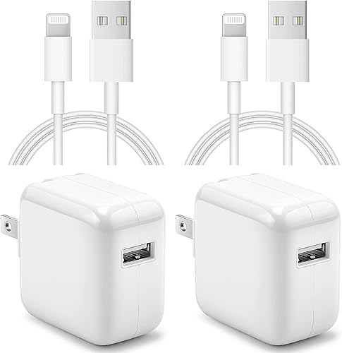 Dual Pack 12 W Fast Charging i Pad & i Phone USB Wall Charger with 6 FT Flat Cable – Portable Foldable Travel Plug for Enhanced Compatibility with Air Pods, Ideal for Home and On-the-Go Use