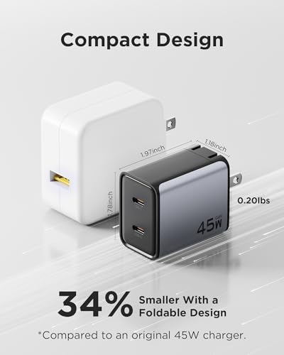 PISEN 45 W Ga N Dual USB-C Wall Charger – Compact Fast Charging Solution for i Phone 16, i Pad Pro, Samsung Galaxy S23 Ultra, and Mac Book – Foldable Design for Ultimate Portability and Enhanced Compatibility with PD & PPS Technology
