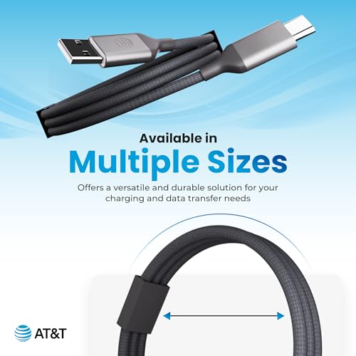 AT&T 6 ft Braided USB-C Charging Cable – Durable & Tangle-Free Cord for Fast Data Transfer and Universal Device Compatibility – Ideal for Phones, Tablets, and Laptops – Includes Warranty for Enhanced Reliability – Sleek Black Design