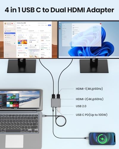 Fophmo Dual HDMI Adapter – 4 K@60 Hz USB C Hub with 100 W Power Delivery & USB-A Port for Enhanced Dual Screen Experience – Perfect for Gamers & Professionals Seeking Stunning Visual Clarity and Seamless Multitasking
