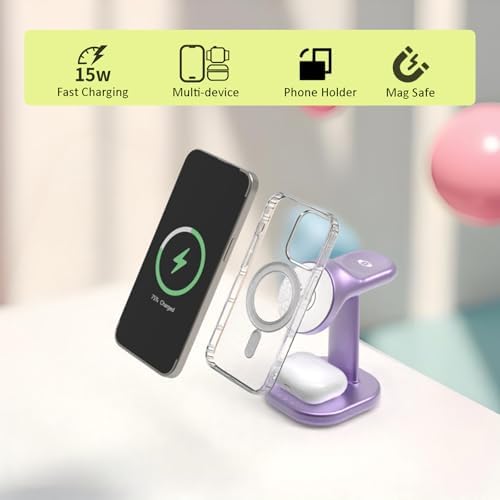 Premium 3-in-1 Magnetic Wireless Charging Station for i Phone, Apple Watch & Air Pods – Fast 15 W Charging with Ultra-Strong N52 Magnets for Secure Hold, Adjustable Stand & Smart Cooling Technology – Sleek Gray Design for Home & Office Use