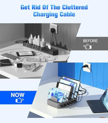 Ultimate 50 W Multi-Device Charging Station with 6 USB Ports & Cables – Space Gray Fast Charging Dock for i Phone, i Pad, Kindle, and More | Efficient Power Hub for Home, Office & Travel – Compact Design with Safety Features