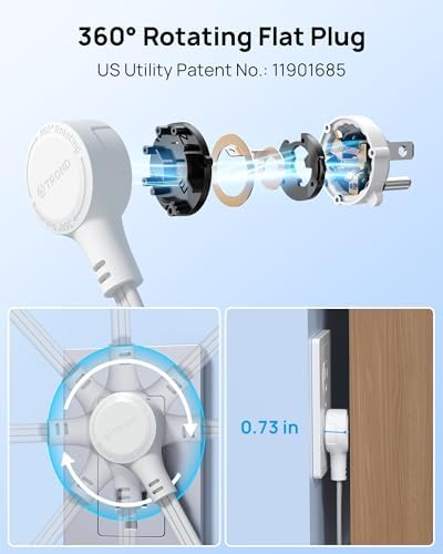 TROND 360° Rotating Flat Plug Power Strip with 5 FT Cord – 4 USB Charging Ports & 4 Wide-Spaced AC Outlets – Wall-Mountable Surge Protector for Office, Dorm, and Travel – 900 J Protection for Maximum Device Safety and Flexibility