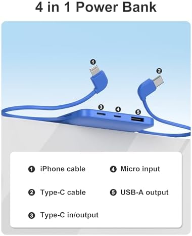 miisso 10000 m Ah Ultra-Slim Portable Power Bank with Integrated Charging Cables – Multi-Device USB-C Travel Charger for i Phone & Samsung – Compact, Lightweight Battery Pack Designed for Maximum Portability and Efficiency