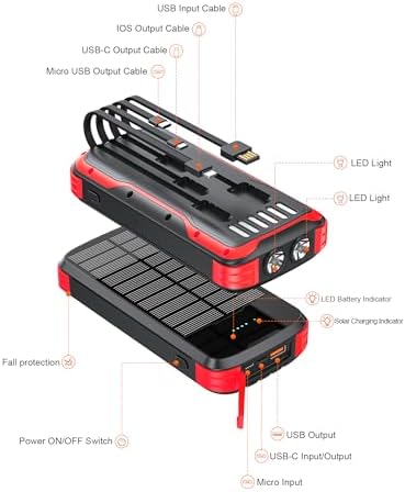 Ultimate 40000 m Ah Solar Power Bank – All-in-One Charging Solution with 20 W Fast Charge, Built-in 4 Cables, and Dual LED Flashlights for Outdoor Essentials – Waterproof, Durable Design for Universal Device Compatibility and Emergency Preparedness