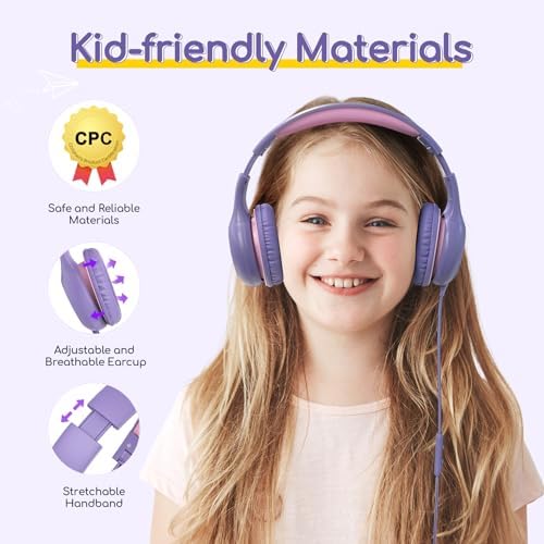 Kid-Friendly Foldable Wired Headphones with Microphone – Volume Limiting Safety (85/94 d B) for Hearing Protection, Share Port for Collaborative Audio, Ideal for Tablets, PCs, and School Use – Enhanced Type C Compatibility for Optimal Sound Quality and Comfort