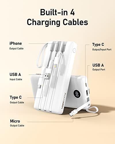 VEEKTOMX 10,000 m Ah Portable Power Bank with Integrated Charging Cables – Slim, Lightweight Fast Charger for i Phone, Samsung, and Android Devices – Essential Travel Companion with Intelligent Charging Technology for On-the-Go Convenience
