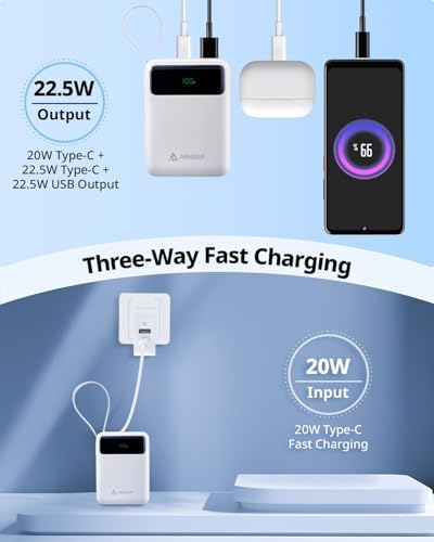 Ultra-Compact 10000 m Ah Travel Power Bank with 22.5 W PD Fast Charging – Built-In Type-C Cable & Dual USB Outputs for Ultimate Device Compatibility – Lightweight & Portable High-Capacity Phone Charger with Advanced Safety Features for i Phone 16/15/14/13/12/11, Samsung Galaxy, and More
