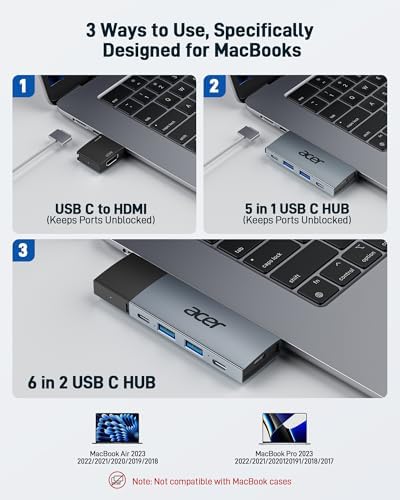 Acer USB C Hub for Mac Book Pro/Air M1 M2 M3 – Ultimate 6-in-2 Detachable Adapter with 4 K@60 Hz HDMI, Dual USB-A & USB-C 3.0 Ports, and 100 W PD Charging for Unmatched Multi-Device Connectivity and Enhanced Productivity Solutions