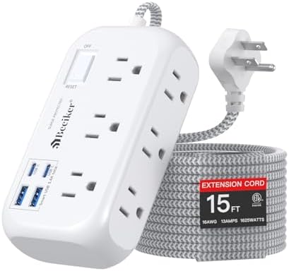 15 Ft USB Surge Protector Power Strip with 4 Fast-Charging Ports – Versatile 6-Outlet Desk Charging Station, Flat Plug & Wall Mount Design for Home Office, Dorm Room – Enhanced Durability & Convenience