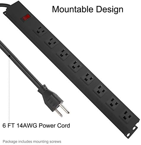 HHSOET Heavy-Duty Wall Mount Power Strip with 8 Outlets – Industrial Grade Surge Protector for Commercial Use, 15 A 125 V 1875 W, 6 FT SJT 14 AWG Cord – Space-Saving Design for Workshops and Home Offices – Reliable Power Solution for Large Plugs and Adapters