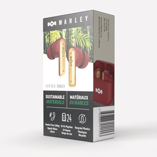 House of Marley Little Bird Eco-Conscious True Wireless Earbuds – Exceptional Audio Quality with Touch Controls, Integrated Mic, 24-Hour Battery Life, and USB-C Fast Charging – Ideal for Gamers and Music Enthusiasts (Red) – Experience Sustainable Sound Innovation for Everyday Use