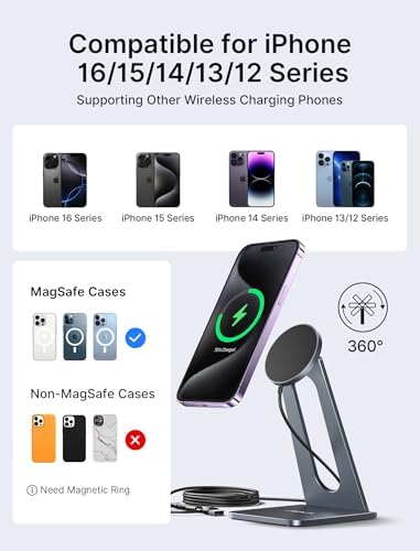 Magnetic Wireless Charging Stand by JSAUX – Effortless Fast Charging for i Phone 12/13/14/15/16 Series – Sleek Grey Design for Ultimate Compatibility and Portability – Ergonomic Mag Safe-Compatible Holder for Seamless Device Usage During Charging