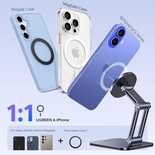 UGREEN Magnetic Phone Stand Compatible with MagSafe iPhone Holder for Desk Ergonomic Design Adjustable, Aluminum Cell Phone Stand Compatible for iPhone 16 15 14 13 12 Pro Max and MagSafe Case, Black – Enhanced Compatibility and Speed