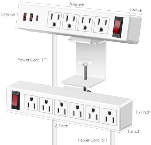 Ultimate Under-Desk Power Management Hub: Dual Layer Desk Clamp Surge Protector with 10 AC Outlets & 3 Fast USB Ports (20 W USB-C), 6 Ft Extension Cord for Efficient Office & Home Charging – ETL Listed for Enhanced Safety and Reliability