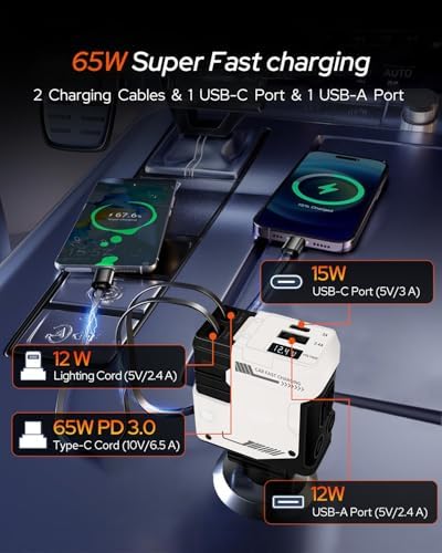 Ultimate 4 in 1 Retractable Car Charger Adapter – 66 W Fast USB-C Charger with Dual 31.5 Inch Cables & Dual USB Ports for i Phone, Android, Galaxy, Pixel, i Pad – Sleek Black Design for Effortless Multi-Device Charging on the Go