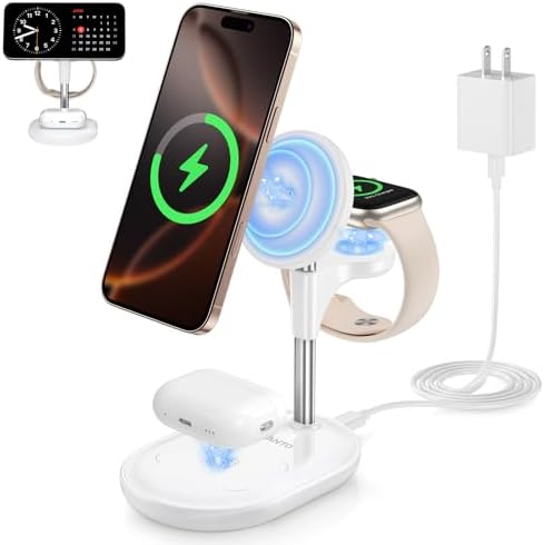 All-in-One Wireless Charging Station for Apple Devices – 15 W Fast Qi-Certified Mag-Safe Charger for i Phone 16, 15, 14, 13, 12, Apple Watch & Air Pods – Adjustable Viewing Angle, Ideal Gift for Women – Enhance Your Charging Efficiency and Style