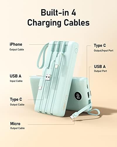 VEEKTOMX 10,000 m Ah Portable Power Bank with Integrated Charging Cables – Slim, Lightweight Fast Charger for i Phone, Samsung, and Android Devices – Essential Travel Companion with Intelligent Charging Technology for On-the-Go Convenience