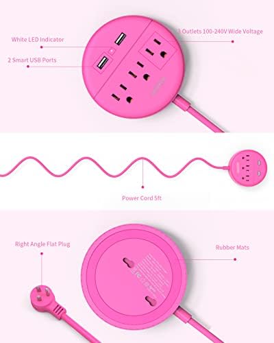 Stylish 25 ft Rose Pink Extension Cord by NTONPOWER – Flat Plug Power Strip with 3 AC Outlets & 2 USB Ports, Versatile Wall Mount Charging Station for Home, Dorm, or Office – ETL Certified for Enhanced Safety and Performance