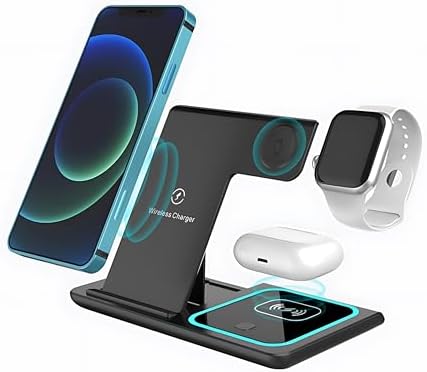 Ultimate 3-in-1 Wireless Charging Stand for i Phone, Apple Watch, and Air Pods – Fast, Sleek Black Charging Station for Apple & Android Devices – Compatible with i Phone 16/15/14/13/12/11, Apple Watch Series 10/9/8/7/6/SE, Air Pods Pro 4/3/2 – Streamlined Design with Enhanced Safety Features and Rapid Charging Capability