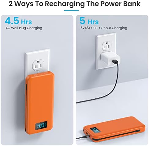 Ultra-Slim 13800 m Ah Portable Charger with Built-in Cables & AC Plug – Multi-Device USB-C Power Bank with 4 Outputs & LCD Display for i Phone, Samsung, and Android – Effortless Charging on the Go