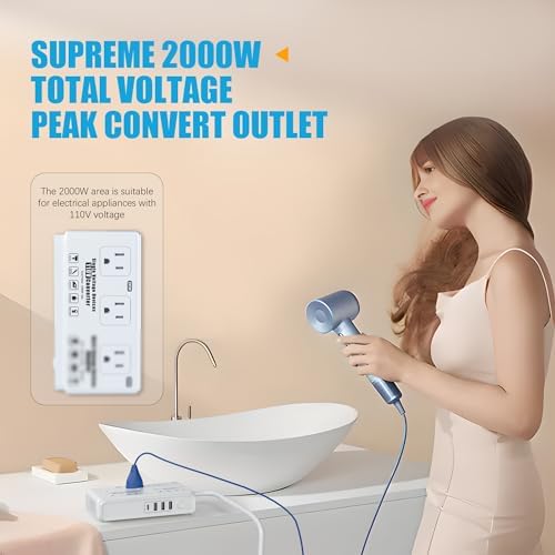 High-Power 2000 W Voltage Transformer Adapter – Premium 220 V to 110 V Travel Converter for High-Watt Hair Dryers and Electronics – Universal Plug Compatibility for US, EU, UK, and Italy – Efficient Fast Charging Solution for Global Travelers and Versatile Power Access