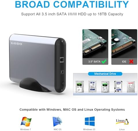 GODO USB 3.0 Vertical Hard Drive Enclosure for 3.5 Inch SATA HDD/SSD – Premium Aluminum Dock with UASP Technology, Supports Up to 18 TB Storage, Space-Saving Design, Power Adapter Included for Enhanced Performance and Compatibility