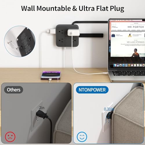 Maximize Connectivity with NTONPOWER 8-Outlet Flat Extension Cord & 3 USB Ports – 6 FT Wall-Mounted Power Strip for Home, Office, and Dorm Use – Space-Saving Design with Surge Protection and High-Speed Charging for All Your Devices