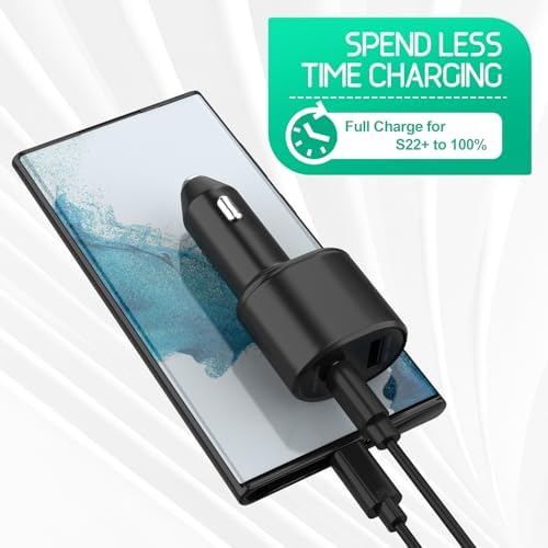 Samsung Super Fast Dual Port Car Charger with 45 W & 15 W Outputs – Includes Premium Fast Charging Cable for Galaxy S25, S24, S22, S21, S20 Ultra Plus, Note 10+, Pixel & Note 20 – PPS Technology for Maximum Charging Efficiency on the Go